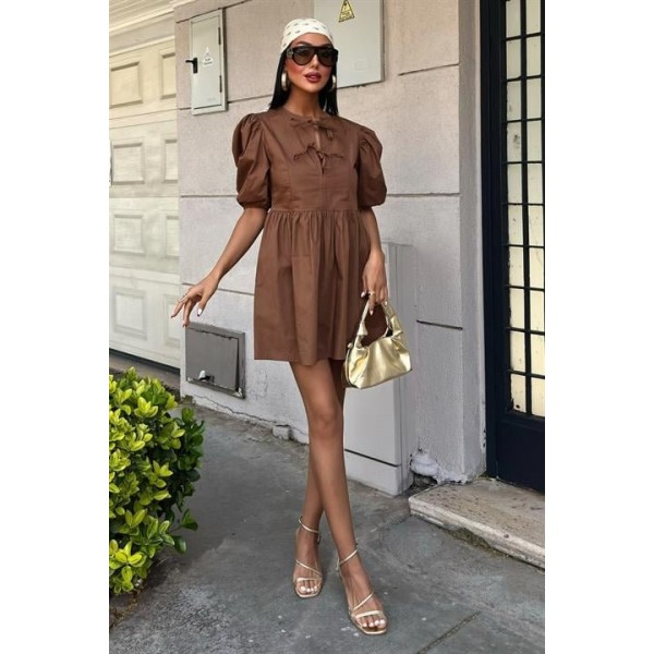 Önü Fiyonk Bağlamalı Ve Balon Kollu Elbise 2893