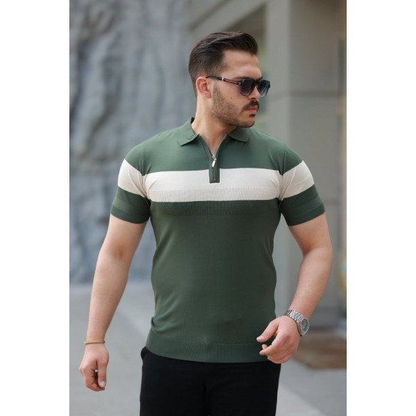 Erkek Fermuar Yakalı şerit Renk Desenli Kısa Kollu Tişört