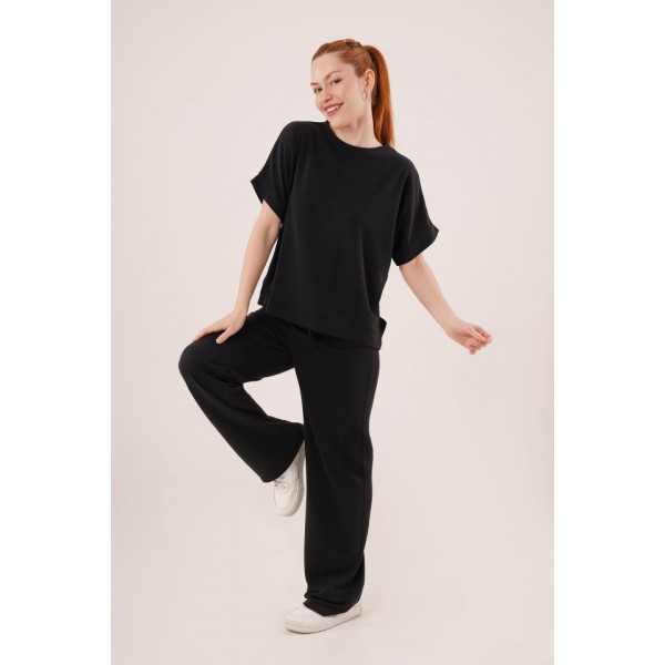 Modal Kısa Kollu Üst Ve Geniş Paça Eşofman İkili Siyah Takım