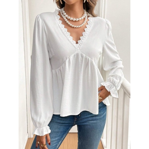 Kadın Uzun Kollu V Dantel Yaka Aerobin Bluz