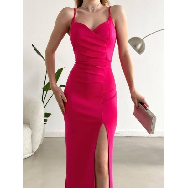 Kadın Dalgıç Kumaş Askılı Yırtmaç Detaylı V Yaka Maxi Boy Elbise