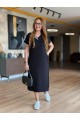 Kadın Kısa Kollu V Ribana Yakalı Yırtmaçlı Midi Viskon Iki Iplik Elbise