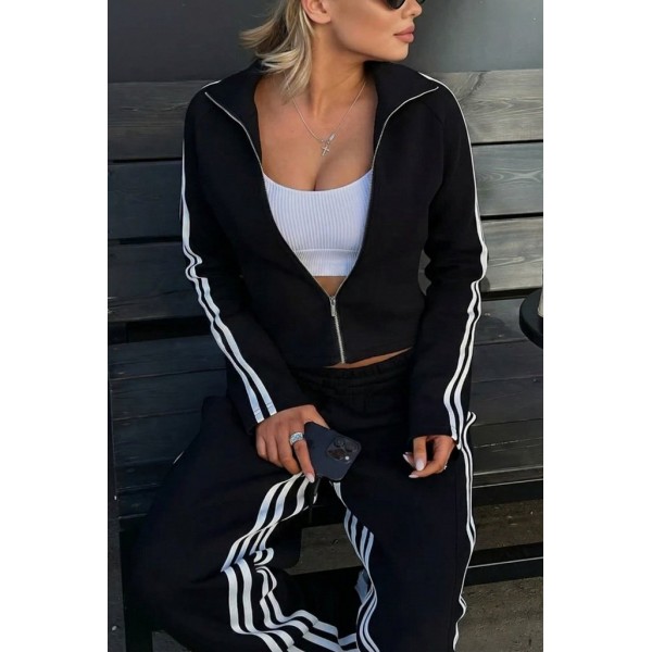 Kadın Uzun Kollu önden Fermuarlı Kısa Viskon Iki Iplik Bluz Ve Pantolon Ikili Takım