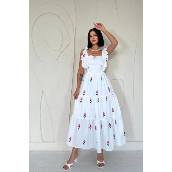 Kırmızı Sıfır Kol Fırfırlı Elbise