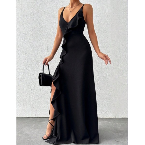 Kadın Ip Askılı Dekolteli Yırtmaç Detay Krep Elbise