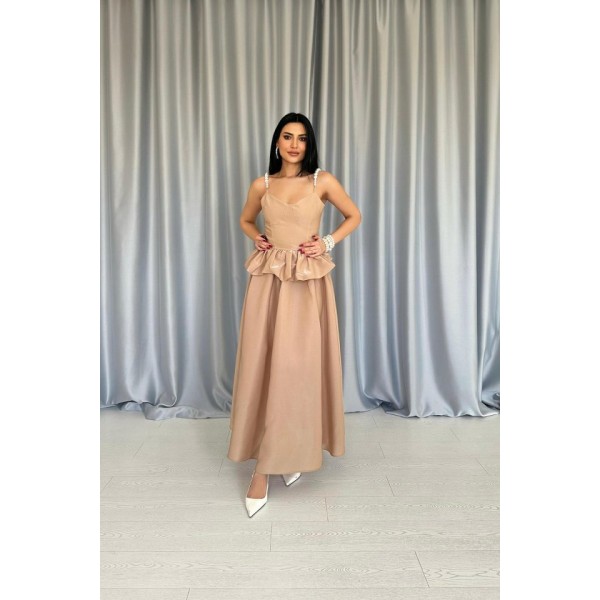 Camel Beli Büzgülü İnci Askılı Uzun Elbise