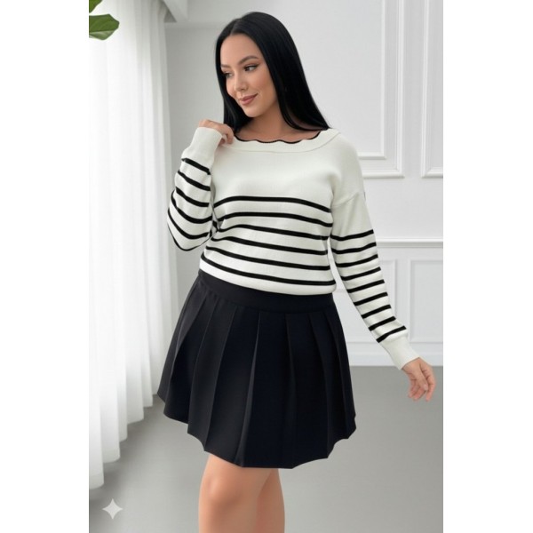 Kadın Beyaz Sırt Bağlama Detaylı çizgi Desen Triko Bluz