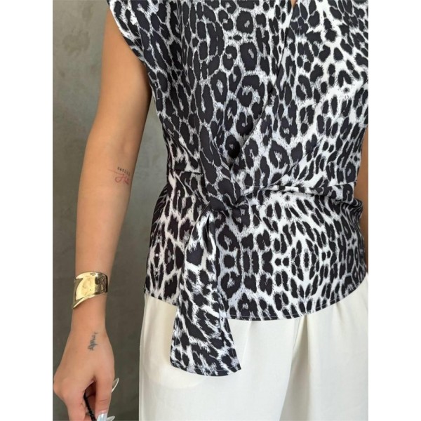 LEOPAR DESEN YANDAN BAĞLAMA DETAYLI BLUZ - Gri