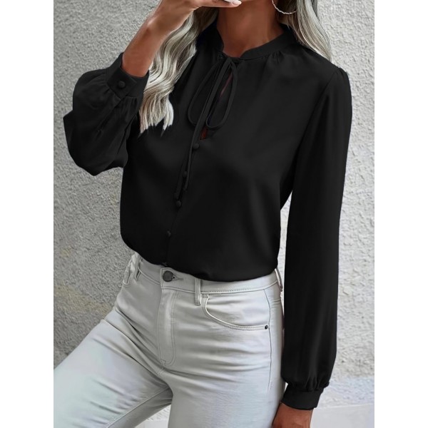Kadın Uzun Kollu Yakalı Yakadan Bağcıklı Düğmeli Sandy Bluz