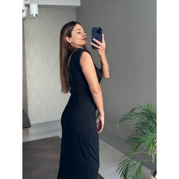 Kadın Bisiklet Yaka Vatkalı Broş Detay Kısa Kol Midi Boy Elbise