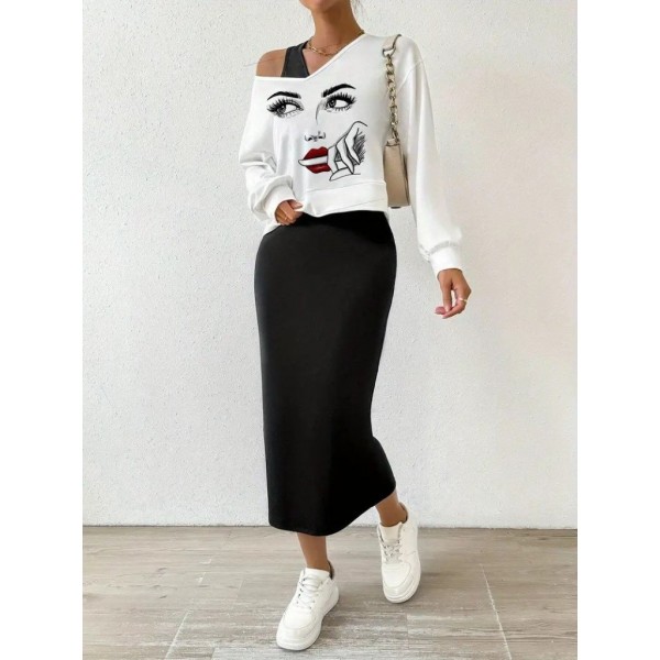 Kadın Askılı Yuvarlak Yaka Viskon Iki Iplik Elbise Ve V Yakalı Bluz Ikili Takım