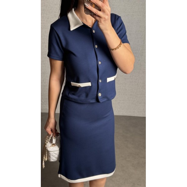 Kadın Kısa Kollu Cep Ve Düğme Detay Ceket Ve Diz üstü Etek Ikili Takım