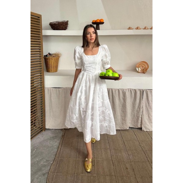 Beyaz Balon Kollu Brode Elbise