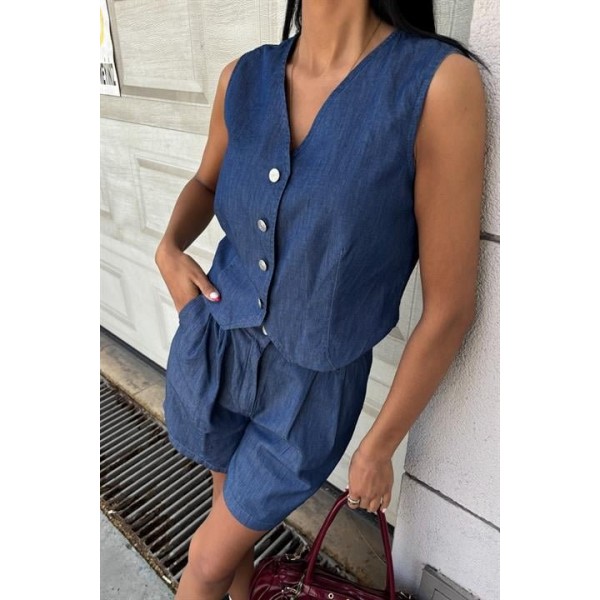 Gümüş Düğmeli Yelek Ve Şort Tensel Takım 10174