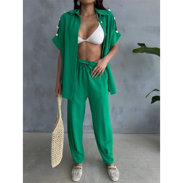 OMUZ MİDYE SIRALI BLUZ - PAÇA PENSLİ PANTOLON TAKIM - Yeşil