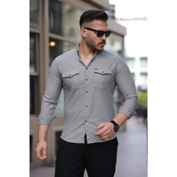 Erkek çift Cepli çıtçıt Düğmeli Uzun Kollu Gömlek
