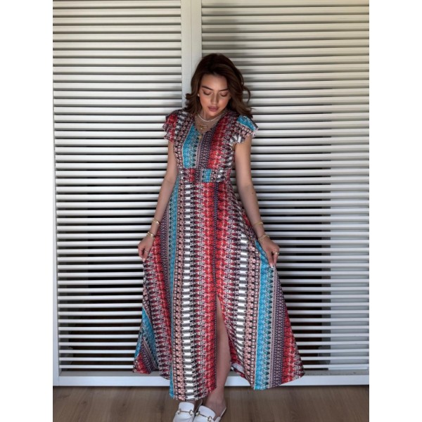 Kadın Kısa Kollu V Yakalı Desenli Yandan Yırtmaçlı Süprem Elbise