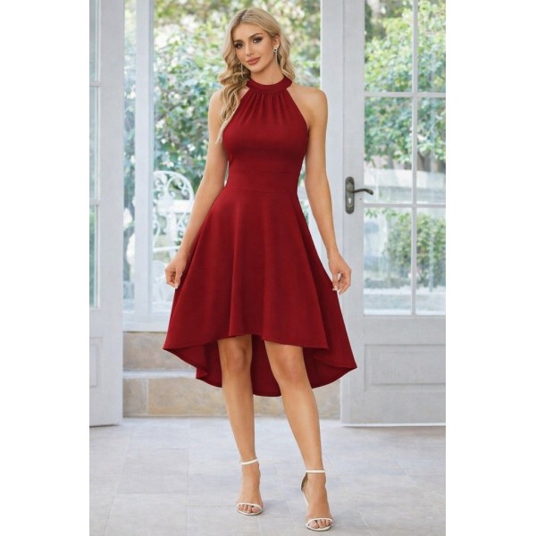 Kadın Omuzlardan Açık Boyundan Halka Detaylı Görünümlü Asimetrik Detaylı Kısa Ithal Krep Elbise