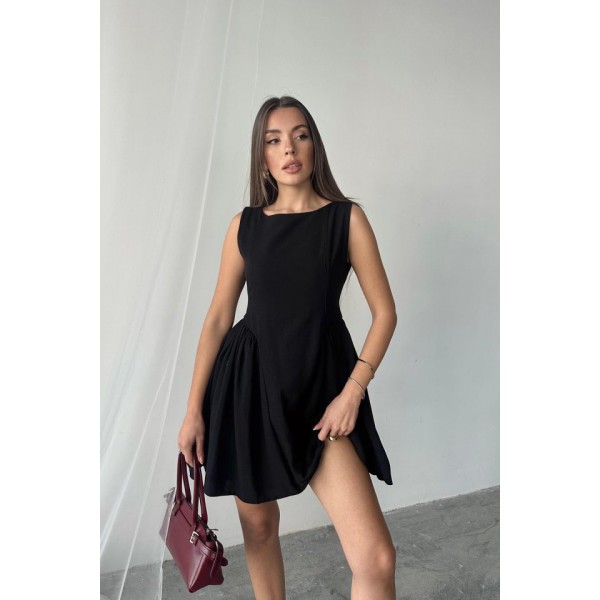 Siyah Mini Boy Büzgülü Keten Elbise