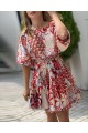 Kadın Kısa Balon Kollu Yuvarlak Yakalı Pileli Desenli Mini Elbise