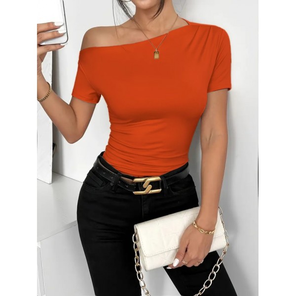 Kadın Kısa Kollu Tek Omuzu Açık Büzgülü Viskon Bluz