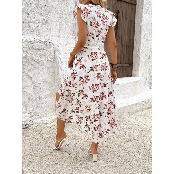 Kadın Kısa Kollu V Yakalı çiçek Desenli önü Kısa Arkası Uzun Süprem Elbise