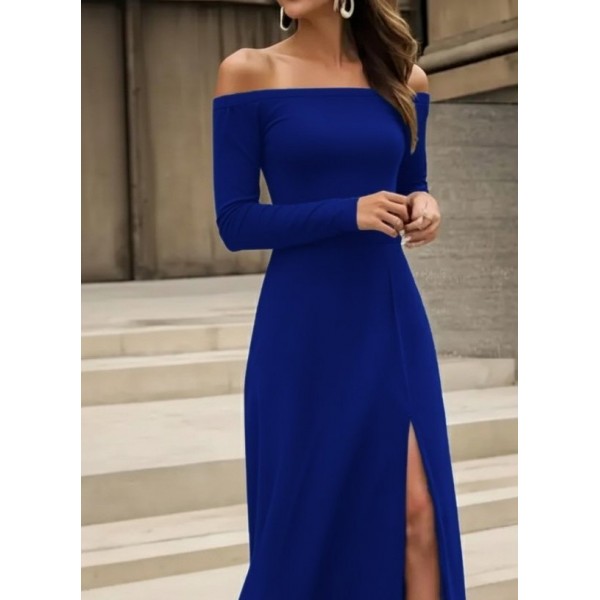 Kadın Uzun Kollu Madonna Yakalı Yırtmaç Detaylı Uzun Ithal Krep Elbise