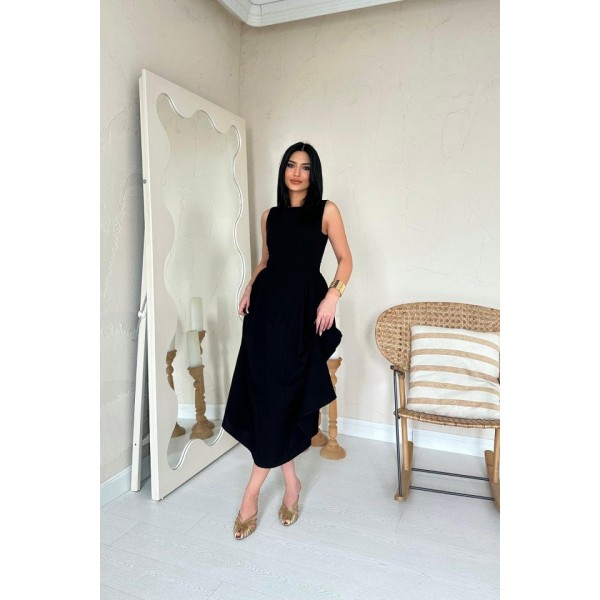 Siyah Yanları Büzgülü Midi Boy Keten Elbise