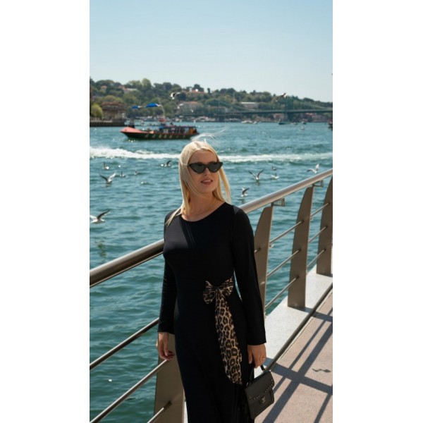 Kadın Bisiklet Yaka Leopar Fiyonk Detay Maxi Boy Elbise