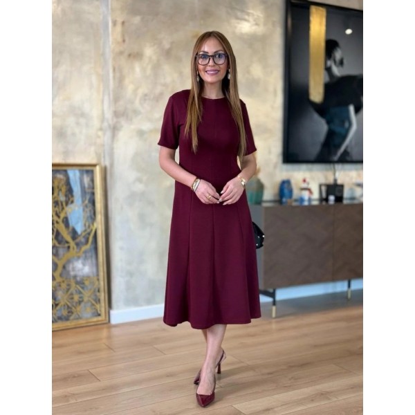 Kadın Kısa Kollu Bisiklet Yaka Midi Viskon Iki Iplik Elbise