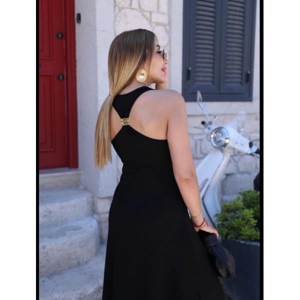 Kadın Omuzlardan Açık Arkadan Aksesuar Detaylı Yırtmaçlı Janjan Krep Elbise