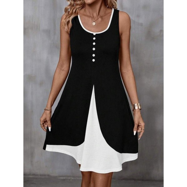 Kadın Askılı Yuvarlak Yaka önden Düğmeli çift Renkli Viskon Elbise