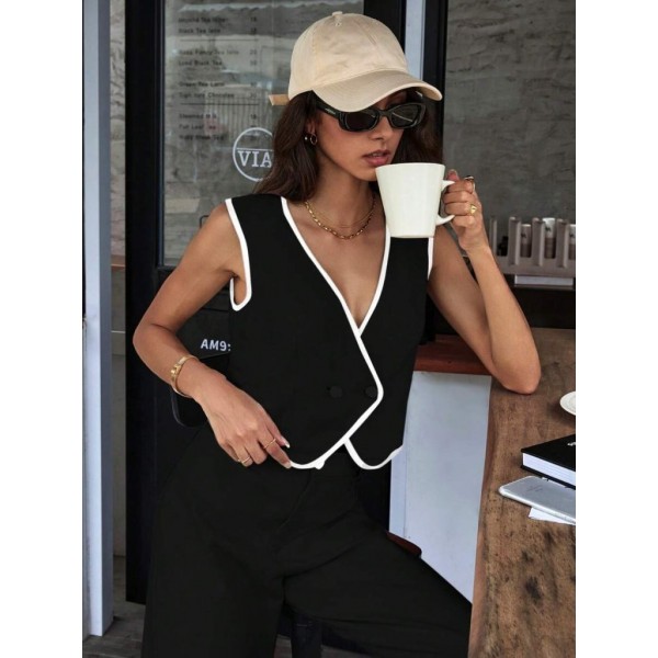 Kadın Kolsuz V Yakalı Düğmeli Ithal Krep Yelek Ve Pantolon Ikili Takım