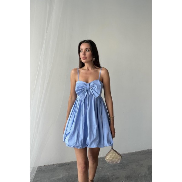 Mavi Önü Fiyonklu Askılı Elbise