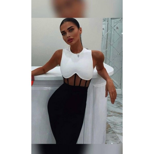 Kadın Bisiklet Yaka Kolsuz çift Renk Ve Bel Transparan Korse Detay Midi Boy Elbise