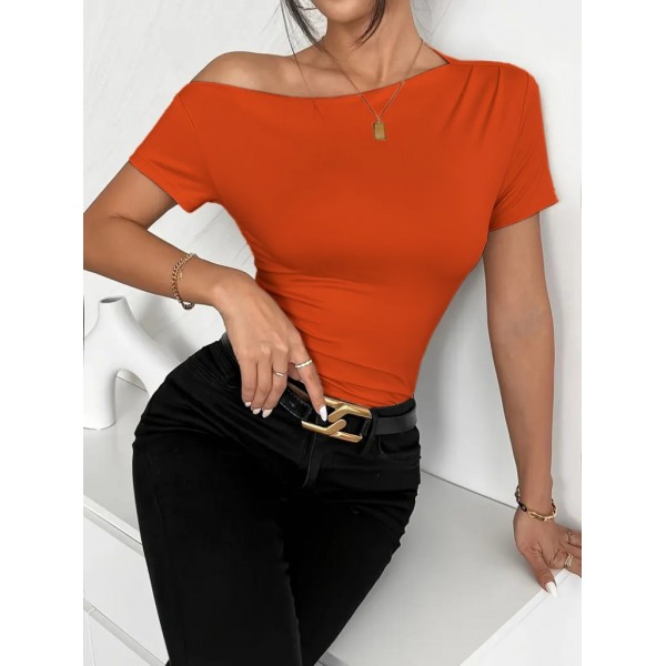 Kadın Kısa Kollu Tek Omuzu Açık Büzgülü Viskon Bluz