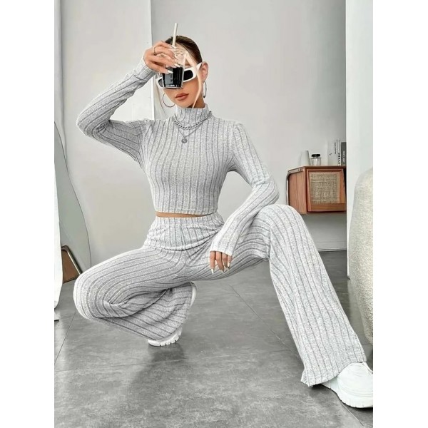 Kadın Uzun Kollu Balıkçı Yaka Krop Ve Pantolon şardonlu Kaşkorse Ikili Takım