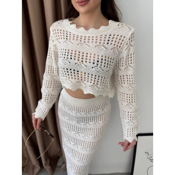 Kadın Uzun Kollu Kuş Gözü Transparan Detay Triko Bluz Ve Maxi Boy Etek Ikili Takım