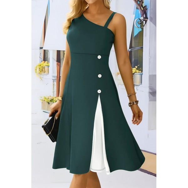 Kadın Tek Omuzu şerit Detaylı Kolsuz Yandan Düğme Detaylı Janjan Krep Elbise