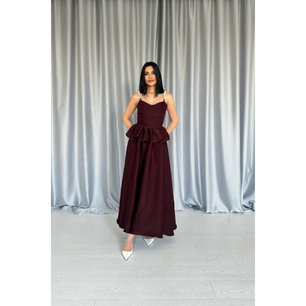 Bordo Beli Büzgülü İnci Askılı Uzun Elbise