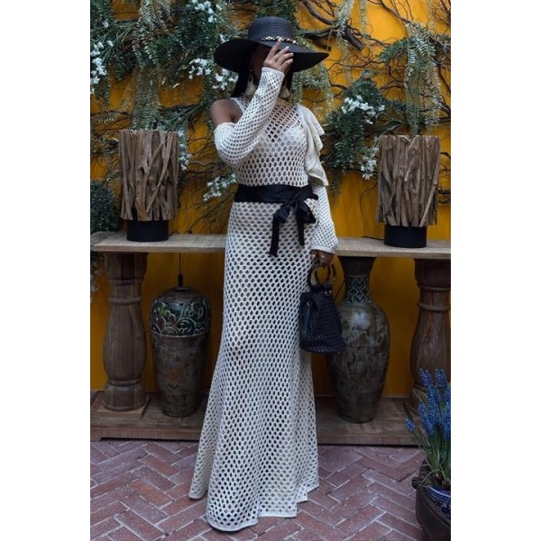 Saten Kuşaklı Ajurlu Triko Elbise 2847