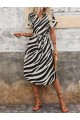 Kadın Kısa Kollu V Hakim Yakalı Zebra Desenli Midi Süprem Elbise