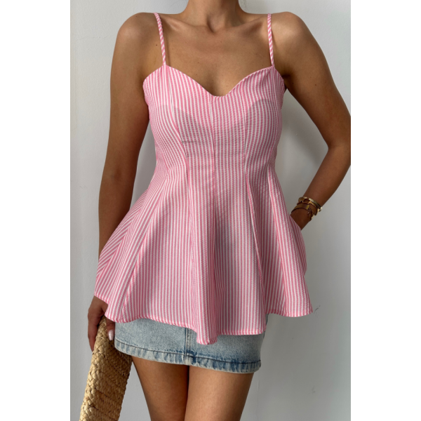 ÇİZGİLİ GOFRE ASKILI PENS DETAYLI BLUZ - Pembe