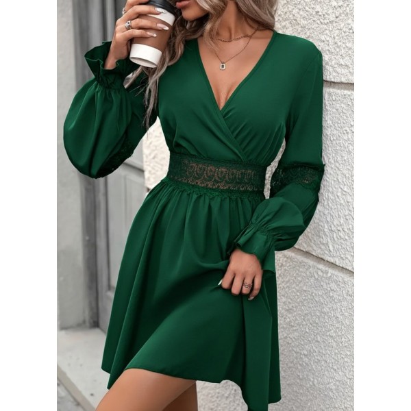 Kadın Uzun Kollu Kruvaze Yakalı Dantelli Fermuar Detaylı Mini Ithal Krep Elbise