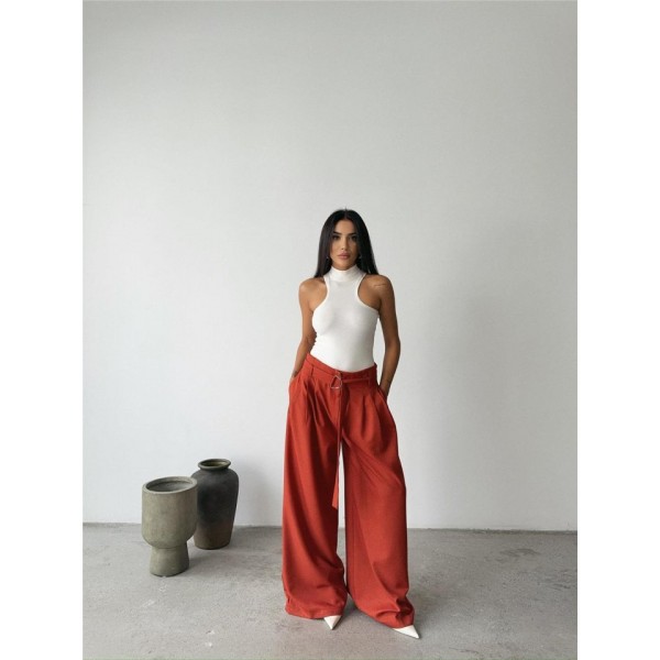 PALAZZO PANTOLON KUMAŞ KEMER DETAYLI - Kiremit