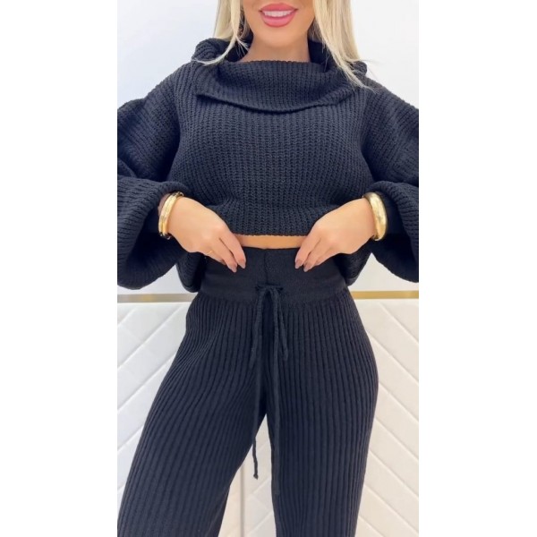 Kadın Uzun Kollu Balıkçı Yaka Kısa Triko Bluz Ve Pantolon Ikili Takım