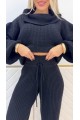 Kadın Uzun Kollu Balıkçı Yaka Kısa Triko Bluz Ve Pantolon Ikili Takım