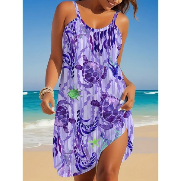 Kadın Askılı Yuvarlak Yaka Kaplumbağa Desenli Süprem Elbise