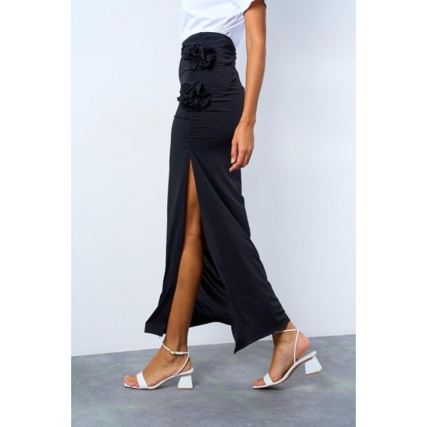 Yandan Büzgülü Güllü Etek - Siyah