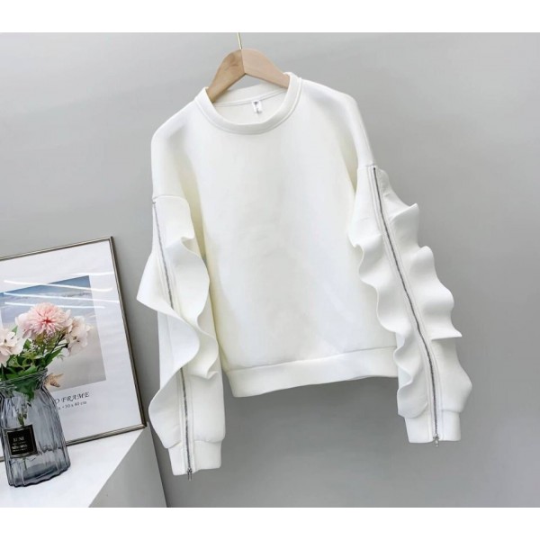 Kadın Bisiklet Yaka Kolları Volan Detay üç Iplik Kumaş Sweat